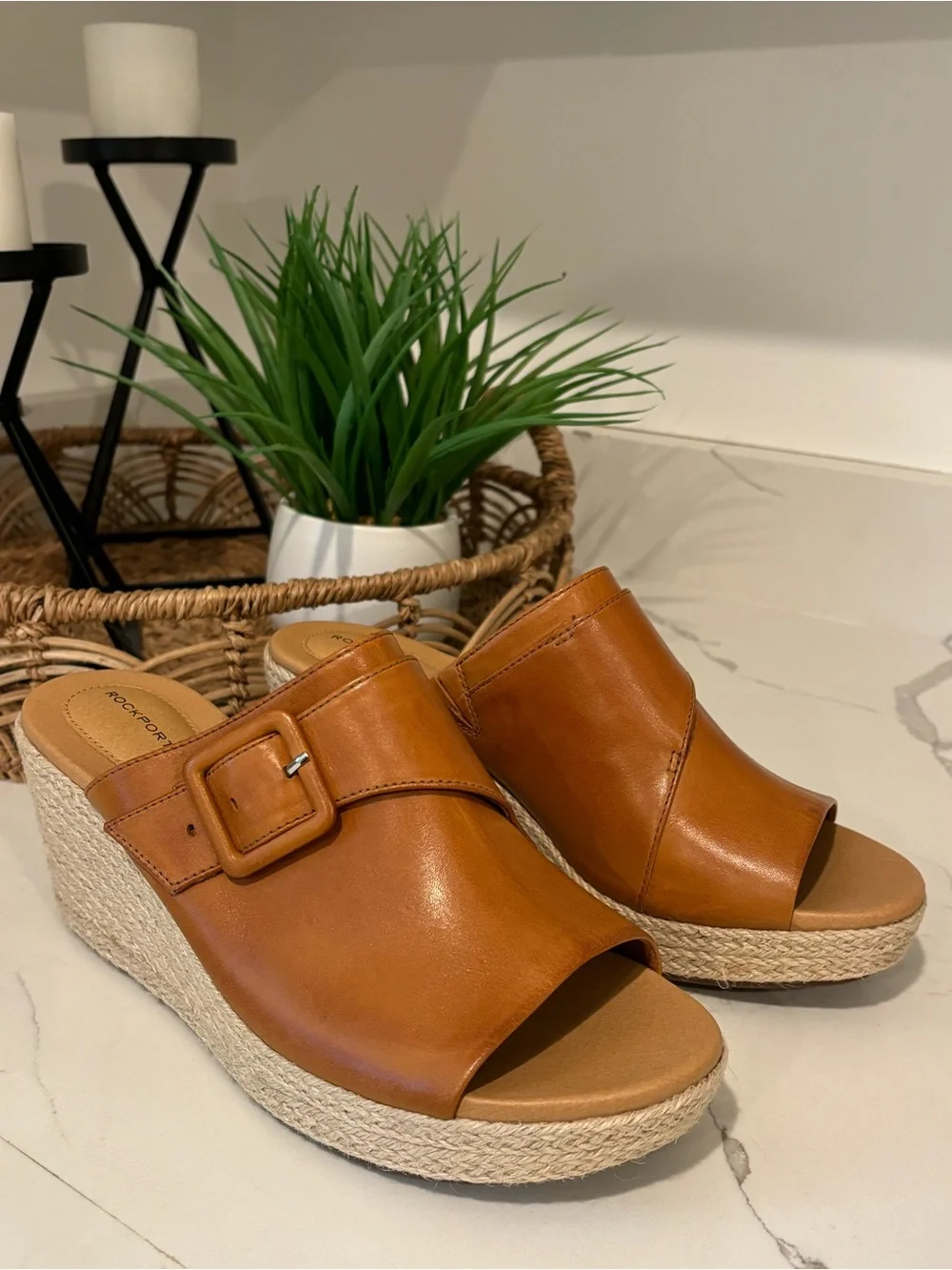 Rockport Lyla Buckle Slide Leather Wedge Sandal Woven Heel Cognac Women Size 9